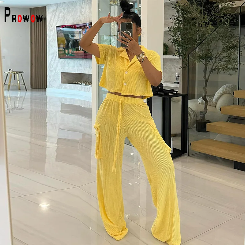 Prowow High Waist Women's Clothing Set Turn-down Collar Cropped Tops Wide Leg Big Pockets Pant Summer Matching Suits Streetwear