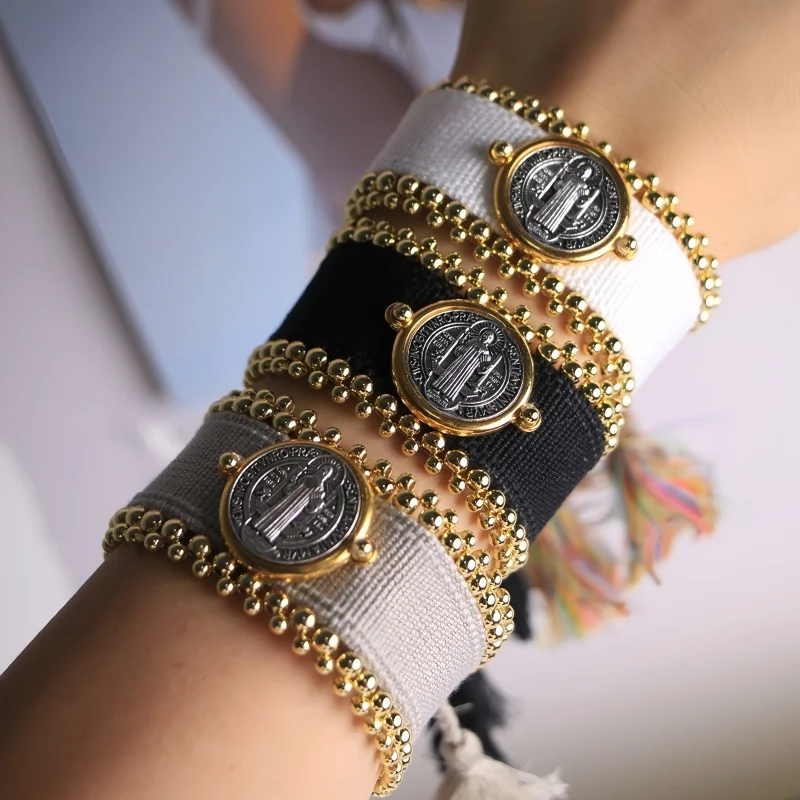 1 قطعة بوهيميا رمز ديني التيتانيوم الصلب مطرز سوار للنساء الذهبي مطلي قابل للتعديل شرابة اليد المعصم مجوهرات الأزياء