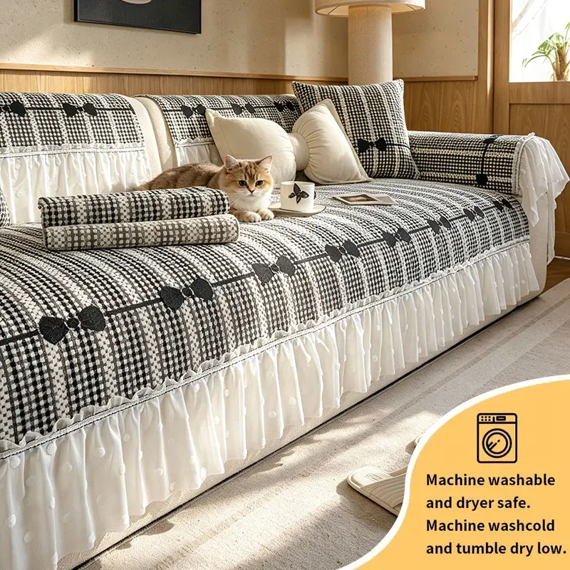 1PC-The checkered sofa cushion features butterfly jacquard embellishment and lace skirt edge decoration,Pet Friendly,Non‑slip