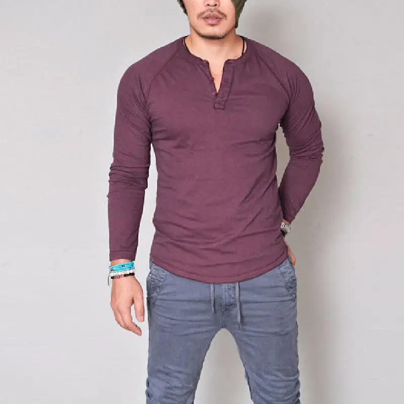 

Men Cotton T-shirt Round Neck Buttons Slim Long Sleeve Men T-shirt T-shirt Breathable Cotton Blouse Male Autumn Tee Casual Tops