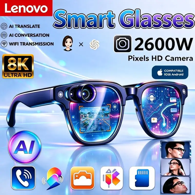 Lenovo New 8K AI Smart Glasses 2600W Touch Control Translator Voice Assistant Wireless Bluetooth Calling Sunglasses For Adults