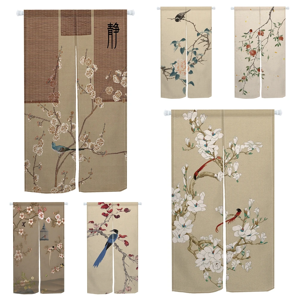 Traditional Chinese Noren Door Curtain Plum Blossom Birds Design Elegant Ink Painting DecorHanging Panel For Living Room Bedroom