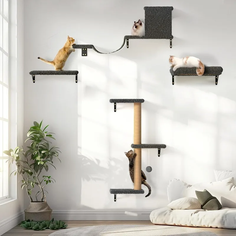 Cat Wall Shelf, Stable and Safe 4 in 1 Large Cat Wall Furniture Set, Wooden Cat Climbing Wall with Scratching Post