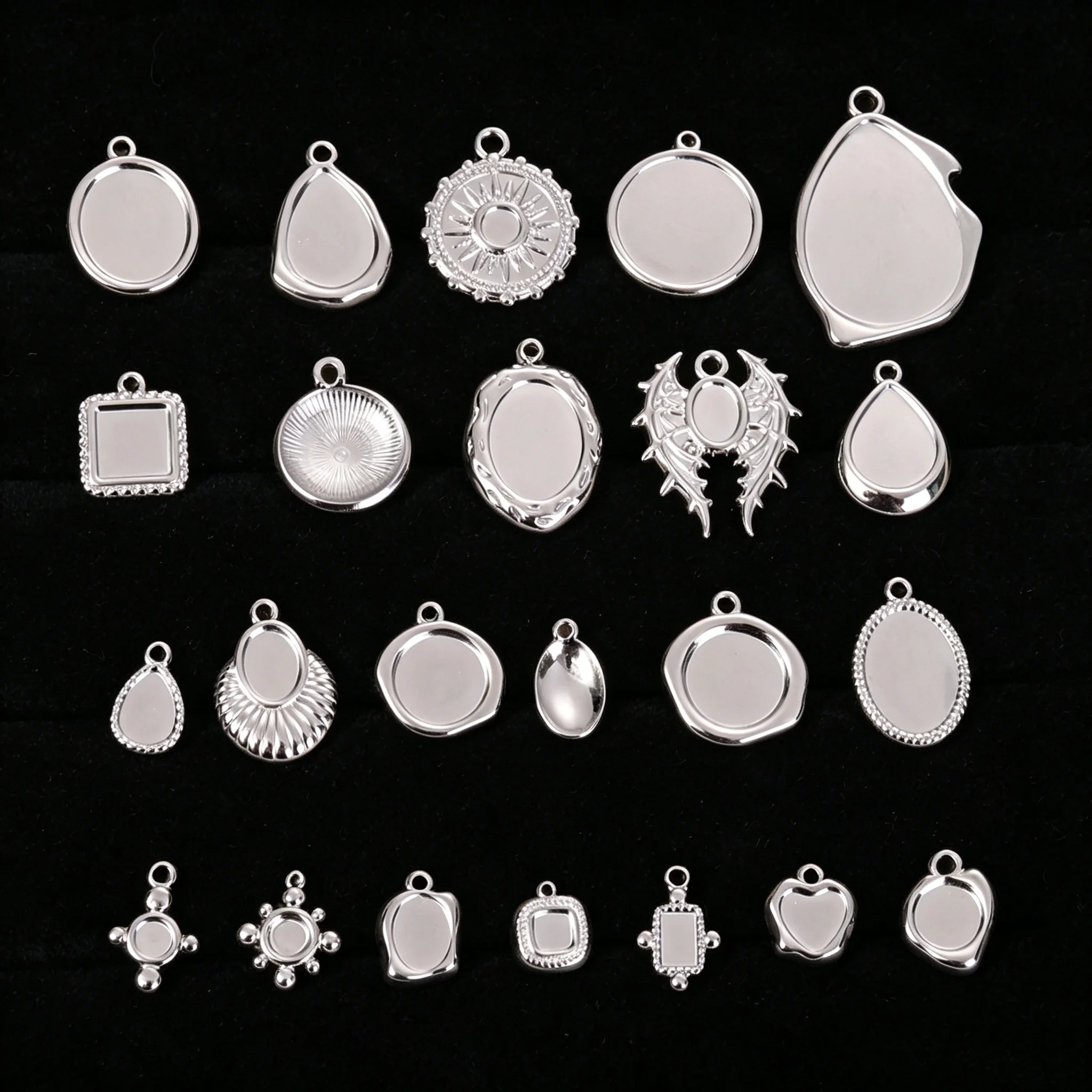 7Pcs Stainless Steel Oval Rectangle Blank Cabochon Base Charms For Cameo Jewerly Mix Irregular Cross Tray Bezel Pendentif Making