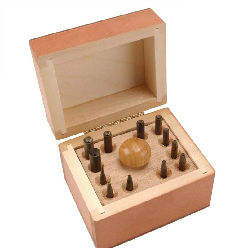 

ASIC Bezel Setting Punches Set 12pcs 1.0-8.0mm France Made Jewelry Stone Setting Tool with Interchangeable Handle Wood Case
