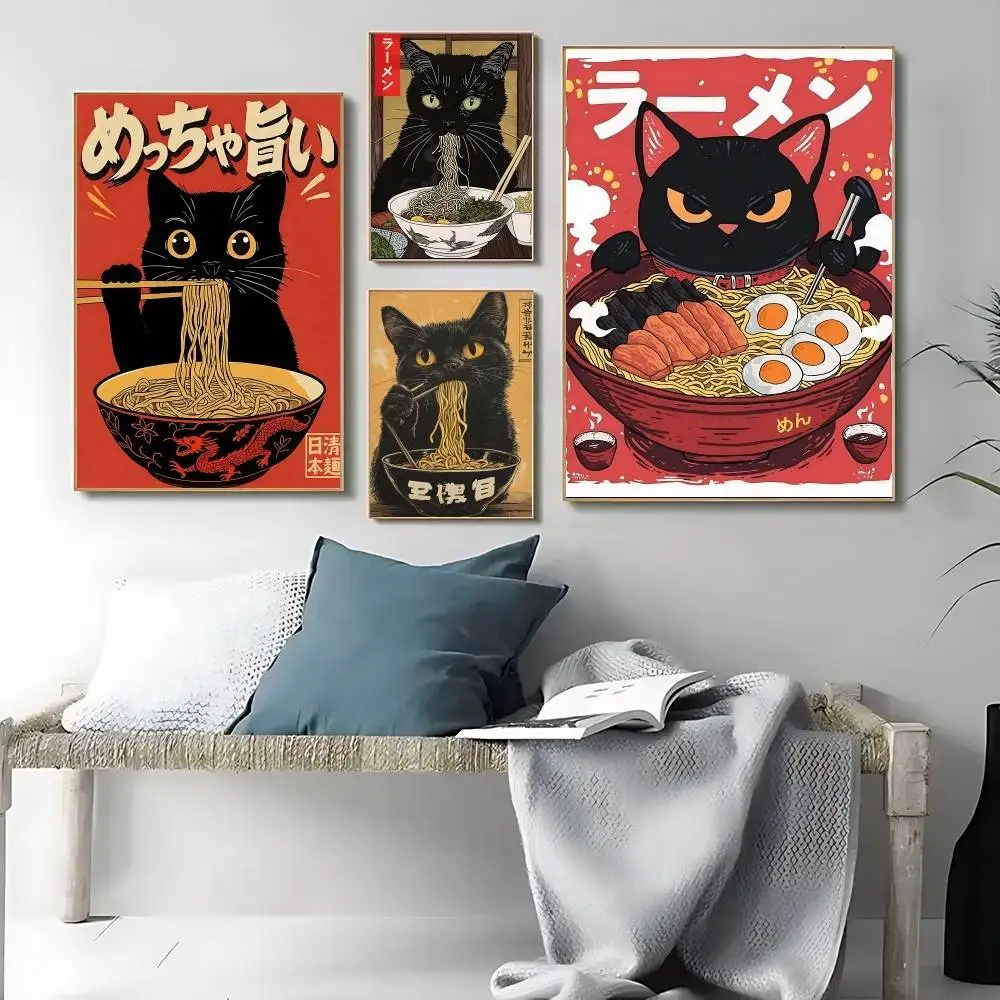 Cute Anime Kitten Eating Ramen Noodle Bowl Poster Kraft Club Bar Paper Vintage Posters Wall Art Painting Bedroom Study Stickers