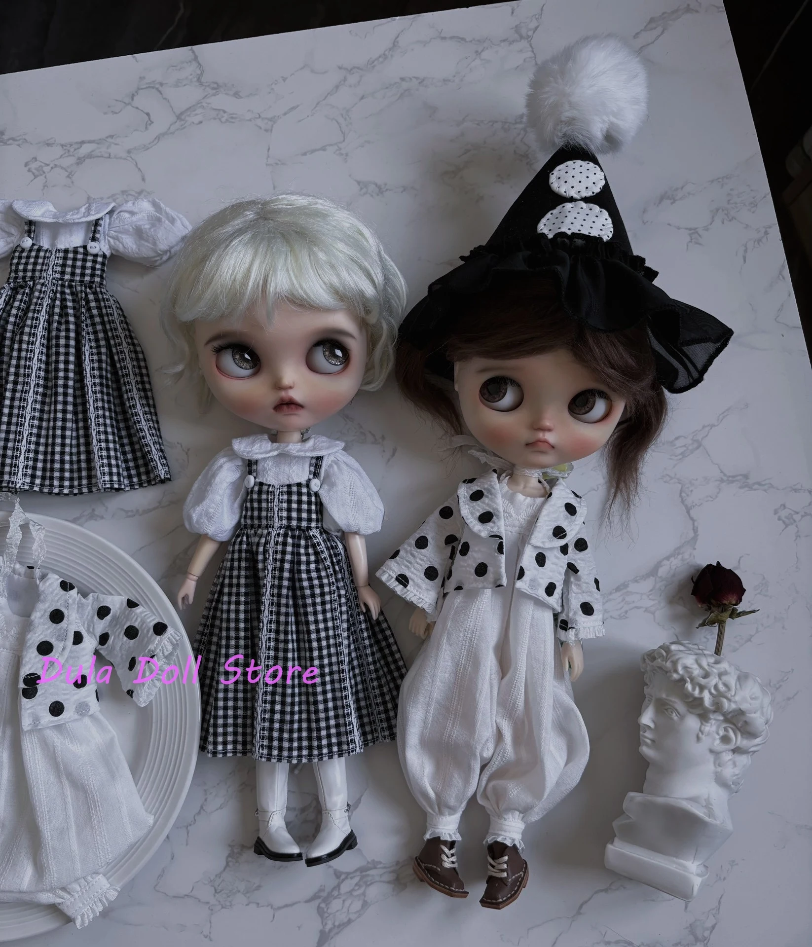 Roupas de boneca Dula Casaco de bolinhas branco bloomers conjunto de chapéu de bruxa Blythe ob24 ob22 ICY JerryB 1/6 Bjd Acessórios para bonecas