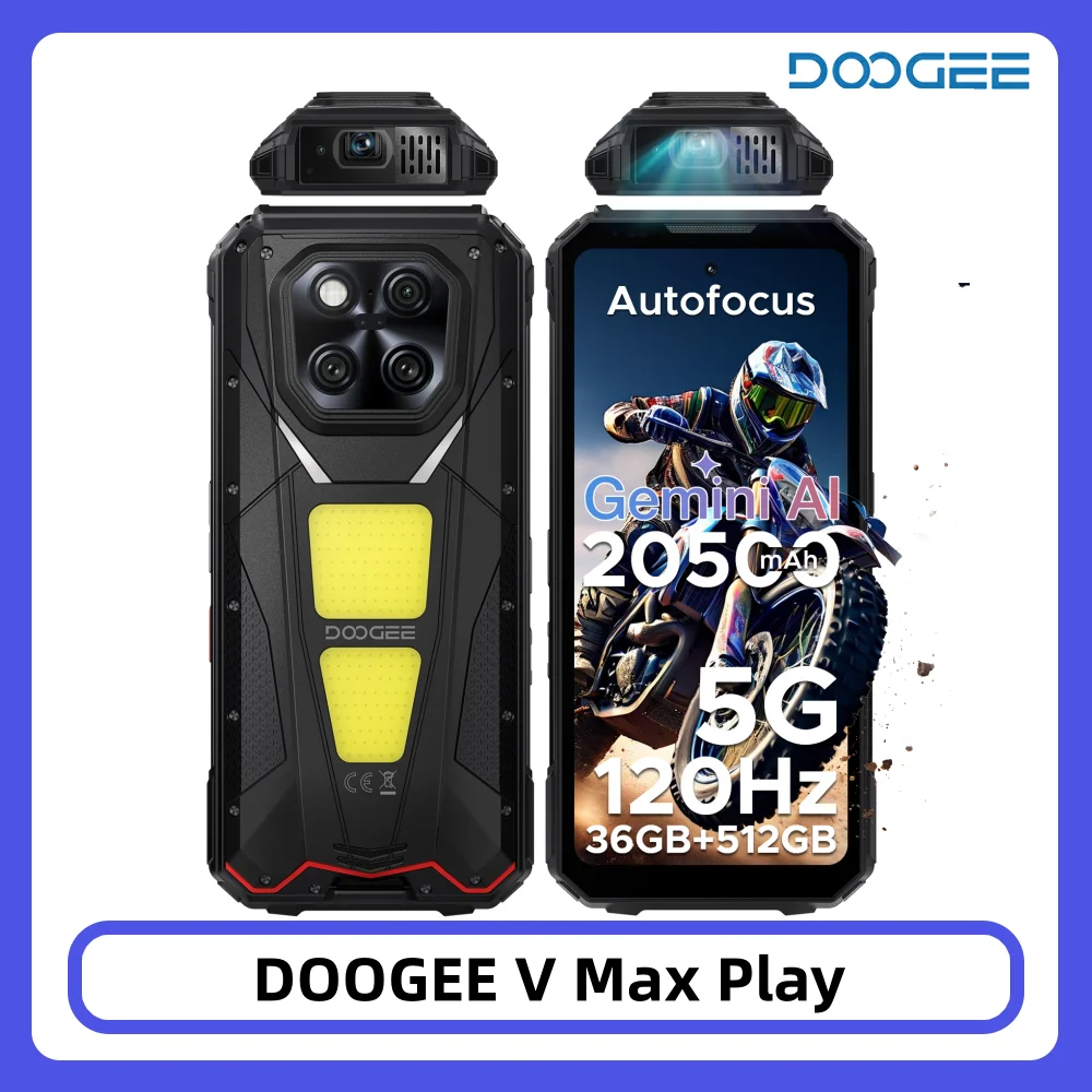 DOOGEE V Max Play Projektor Robustes Telefon 36 GB 512 GB 6,78 Zoll 120 Hz Abmessung 7300 200 MP Kamera 20500 mAh Dual Camping Lichter NFC