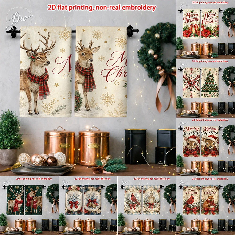 2pcs Christmas Kitchen Towels Set of 2 Vintage Xmas Farmhouse Dish Towels for Holiday Home Decor