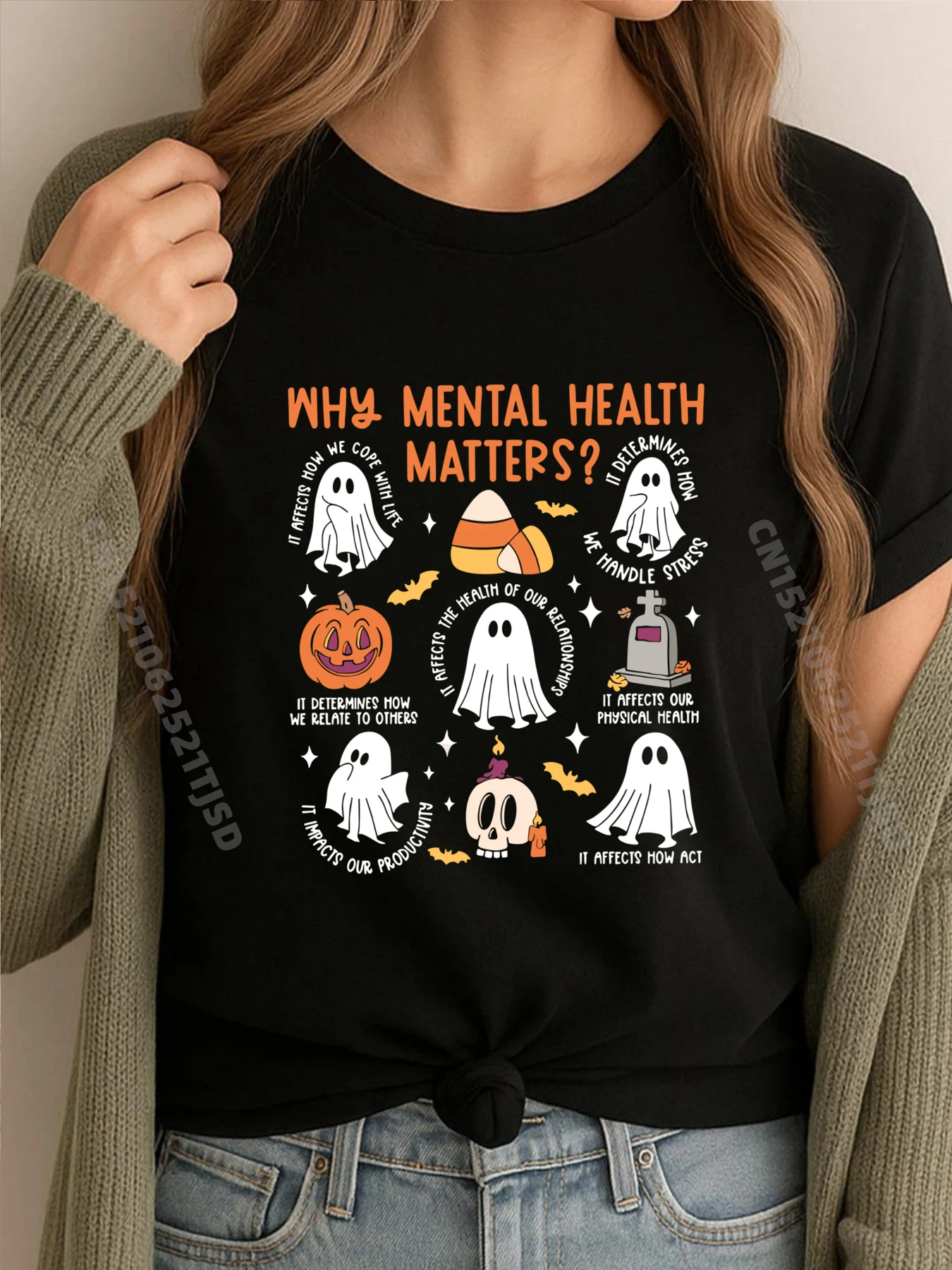 

Ментальное здоровье Призрак Хэллоуин Терапевт Школьный психолог Серая рубашка Футболка с рисунком Дышащие мужские футболки