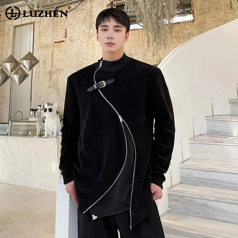 

LUZHEN Trendy Asymmetric Zipper Placket Leather Buckle Solid Color Jacket 2025 Autumn New Fashion Elegant Handsome Coat JY4590