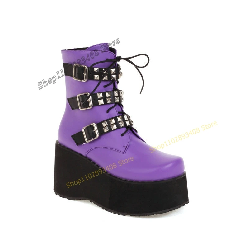 

Purple Rivet Buckle Cross Tied Ankle Boots Platform Round Toe Thick Soled Women Shoes 2023 Fashion Sexy Zapatos Para Mujere