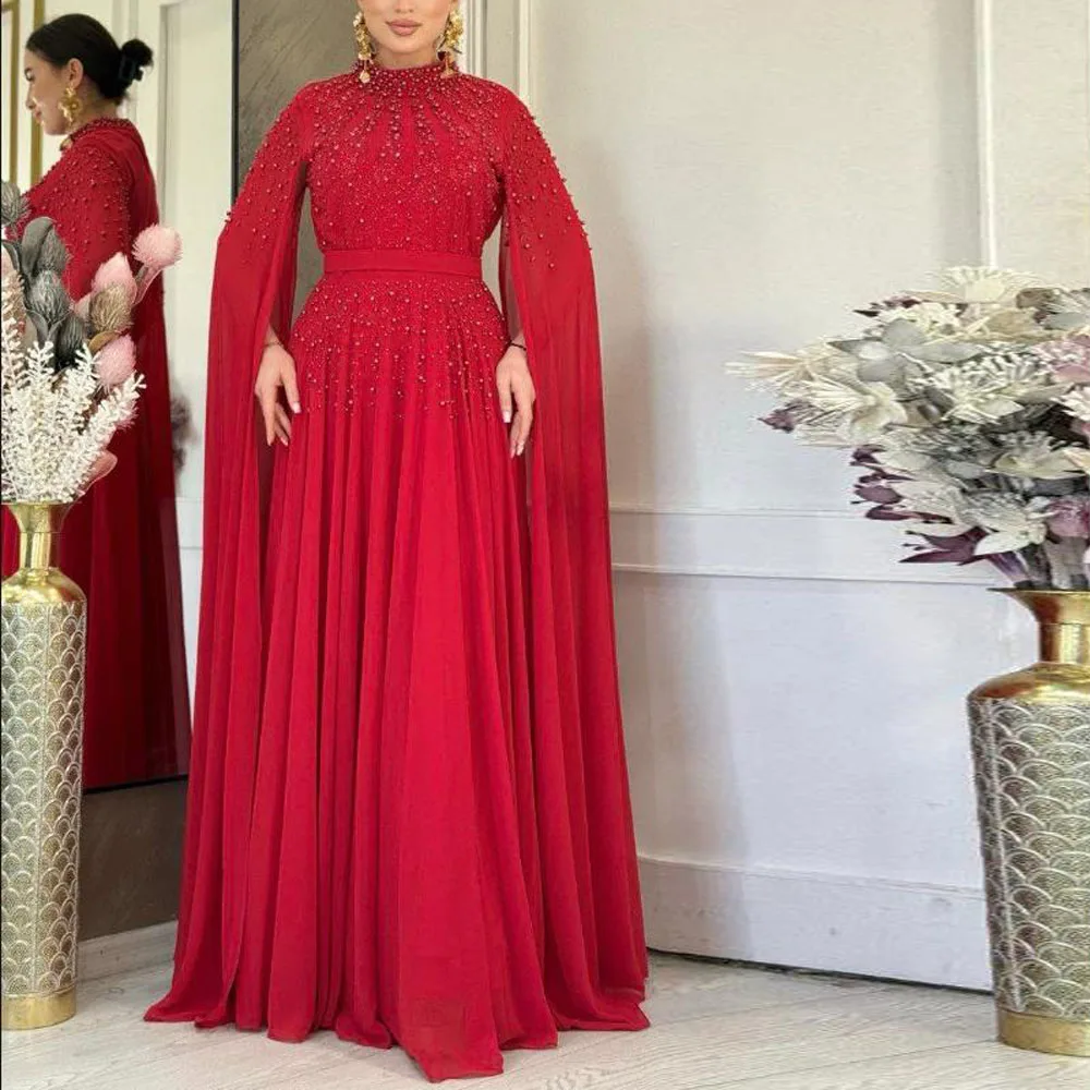 Customized Exquiste فساتين سهره Evening Dress with Cape Sleeve Beaded A Line Formal Gown Pleated Wedding Guest Outfit
