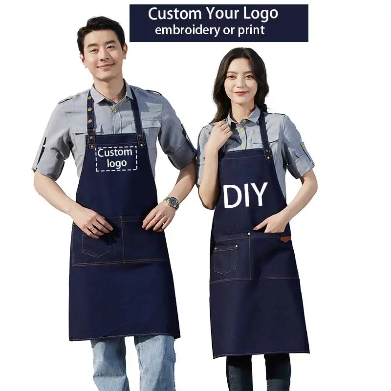 Denim Công Việc Tạp Dề Người Đầu Bếp Tạp Dề Nhà Bếp Cho Người Phụ Nữ Nhà Hàng Tạp Dề Phong Tục Cà Phê Store Đa Năng Tạp Dề Thêu Logo Tạp Dề