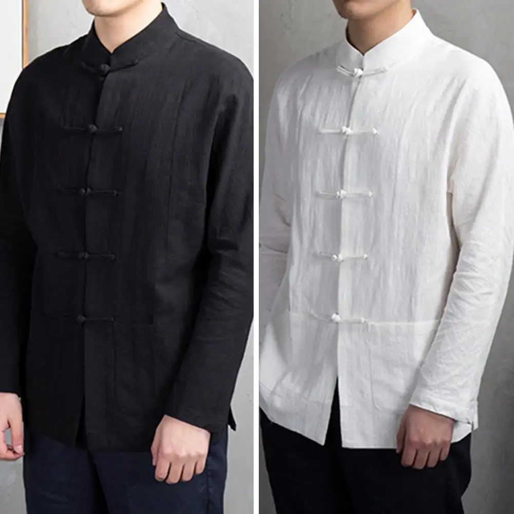 Solid Color Stand-up Collar Shirt Traditional Chinese Style Men\'s Shirt with Mandarin Collar Long Sleeve Featuring for Kung