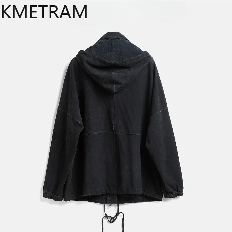 KMETRAM Vegetable Tanned Suede Sheepskin Leather Jacket Woman Genuine Leather Coat Vintage Hooded Jackets of Woman Casual 자켓