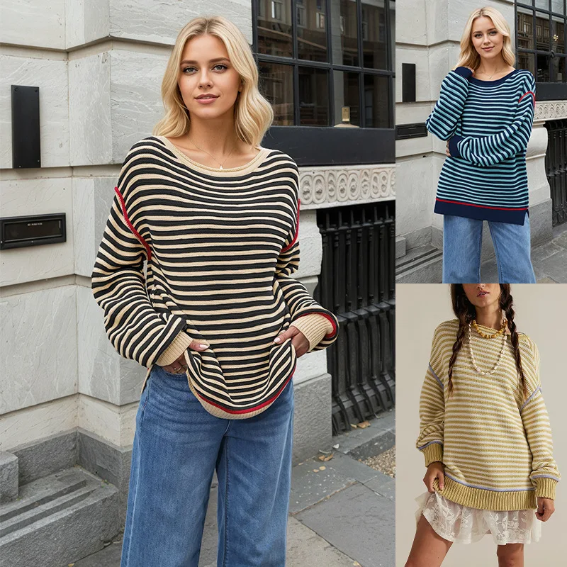 

New European and American women's round neck long-sleeved sweater 2025 autumn and winter knitted striped pullover