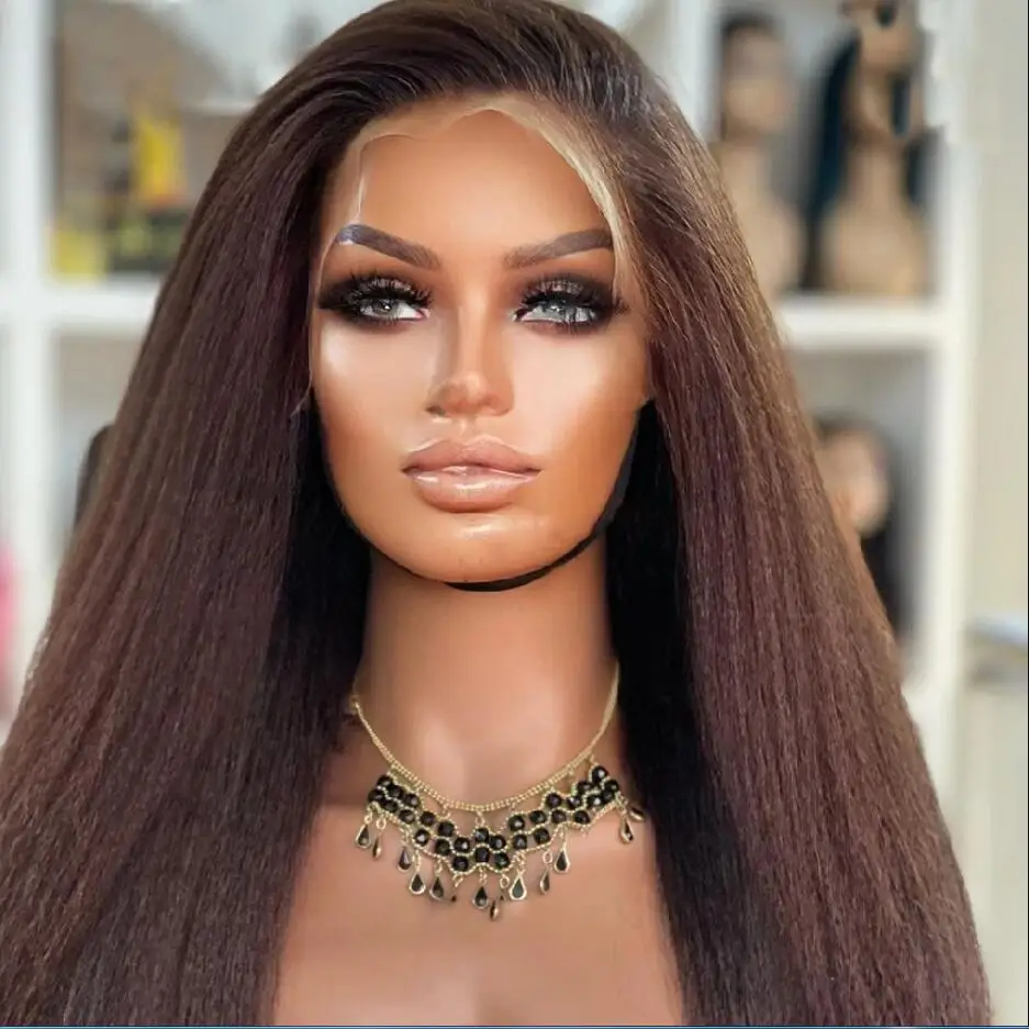 Yaki 180 densità 26 "parrucca anteriore in pizzo dritto crespo marrone lungo per donne nere capelli del bambino quotidiano prepizzicato Glueless resistente al calore