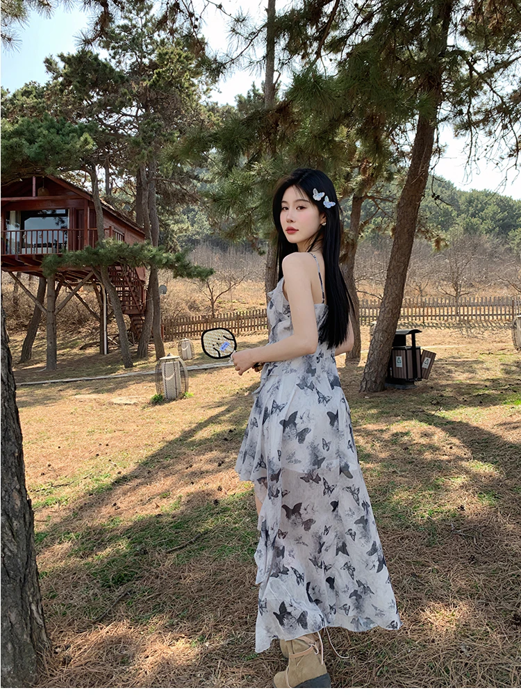 Beach Summer Dress Women French Vacation Camisole Dress Niche Ruffle Edge Patchwork Irregular Print Dress