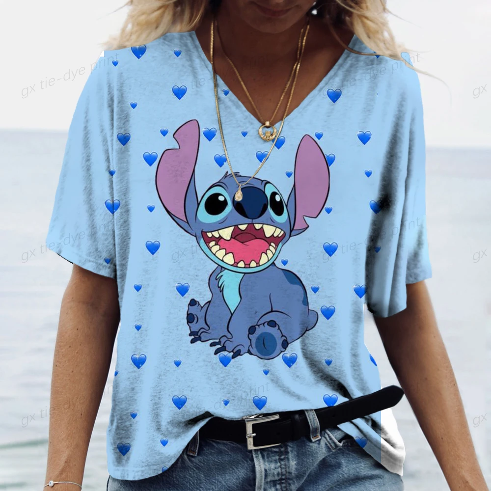 Summer V-neck T-shirt Loose and Comfortable Lilo&Stitch Printed Simple Fashion Street Women's T-shirt Daily Top Clothing