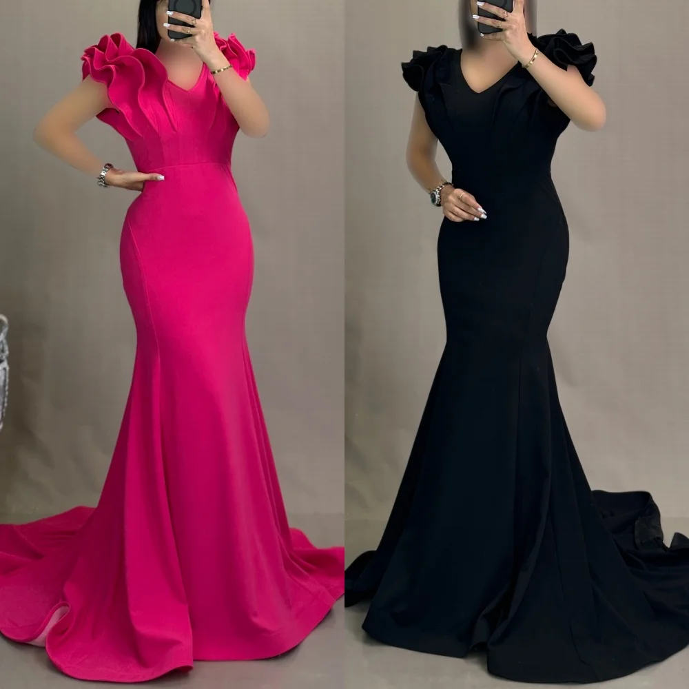 

Customized Modern Style Matching Jersey Ruched Mermaid V-neck Long Dresses Bespoke Occasion Dresses Sizes Available Fashion