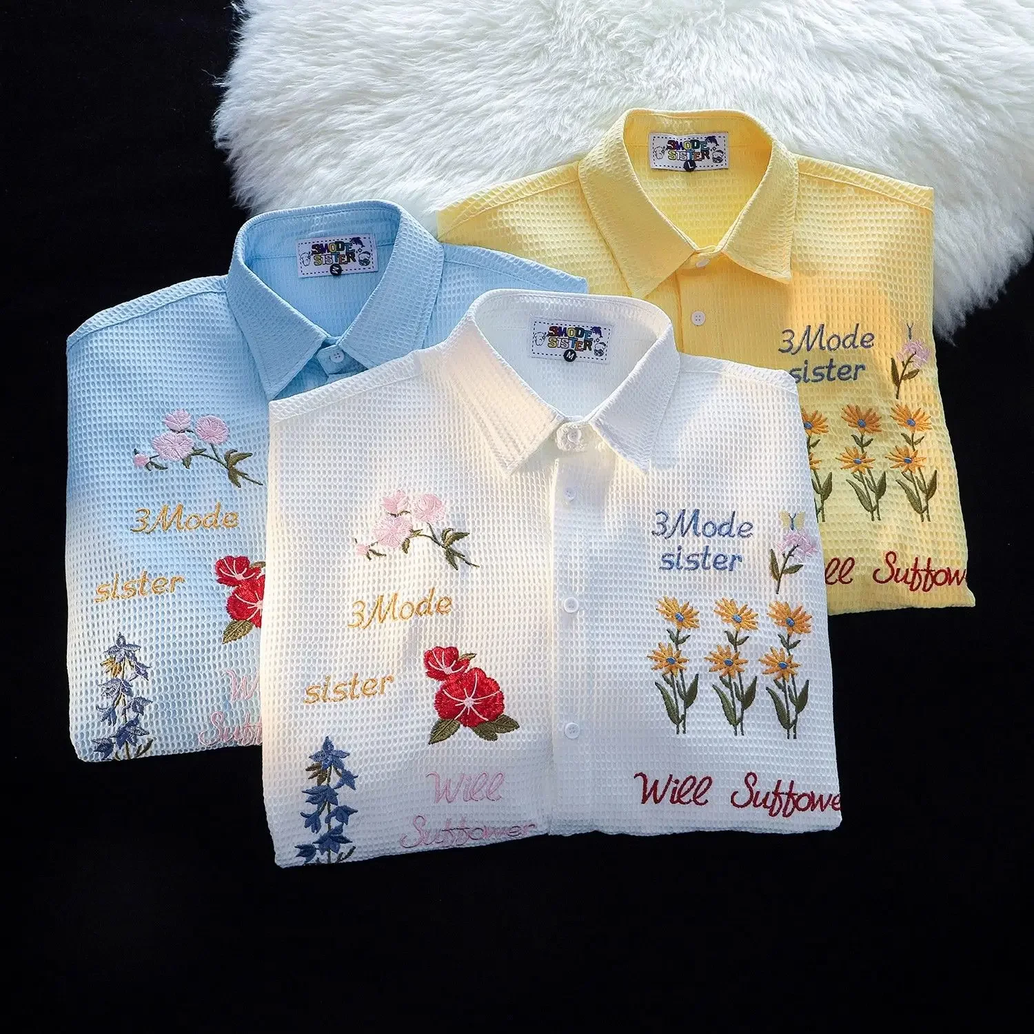 Waffle Floral Embroidery Shirts Women Loose Short Sleeve Unisex Leisure Chic Holiday Couples Clothing American Style Retro 3XL