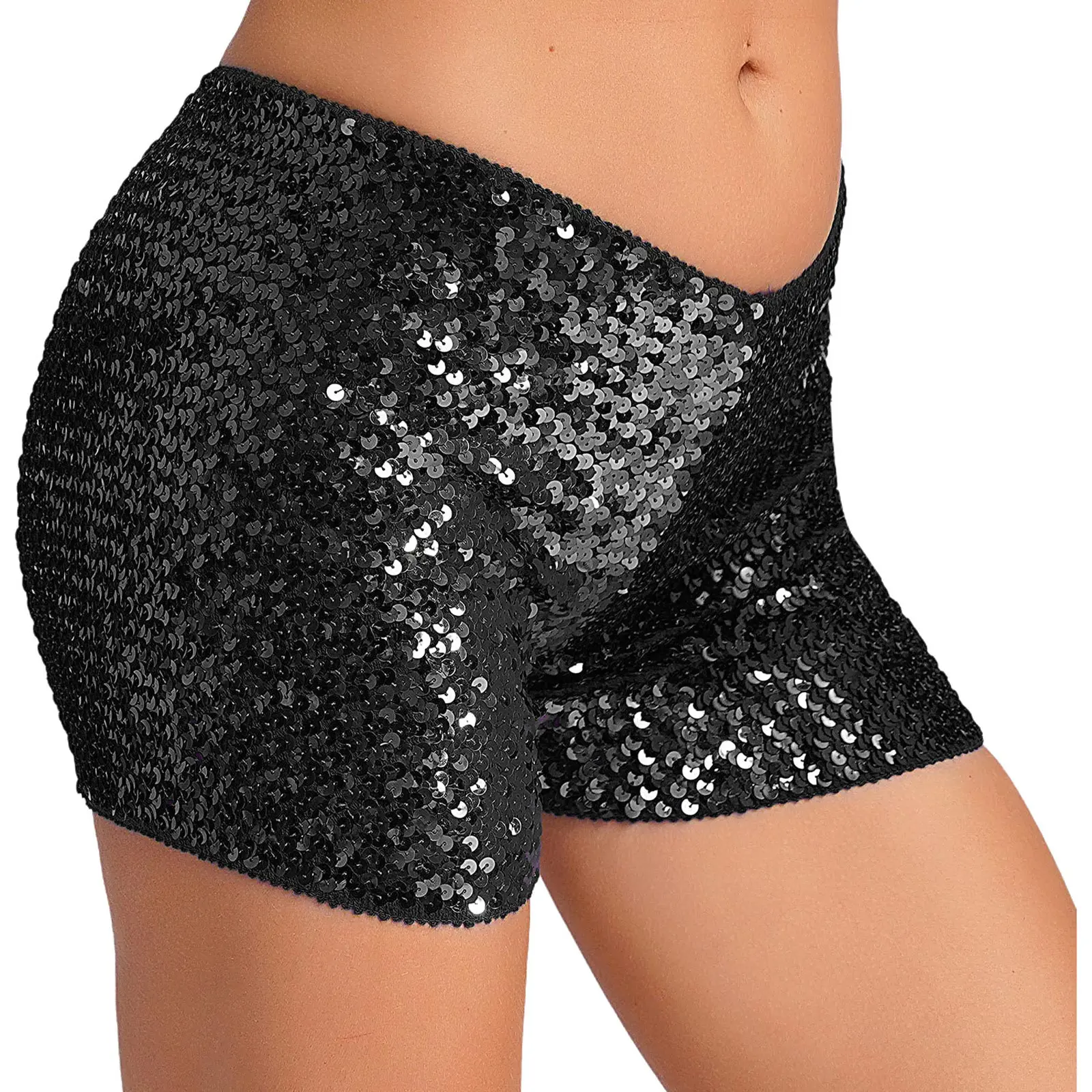 Women Shiny Sequins Low Rise Stretchy Shorts Rave Party Nightclub Pole Dancing Performance Hot Pants Music Festival Costume