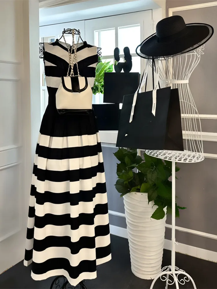 Women Black White Hit Color A Line Midi Long Party Dinner Dresses Lady Summer Striped Robes