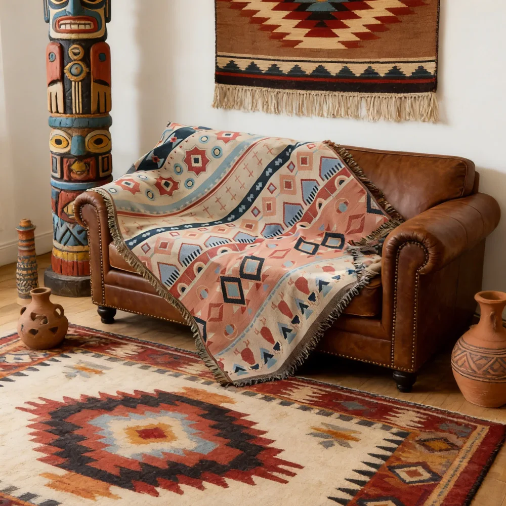 yjq American sofa cover ethnic style geometric cotton yarn all-inclusive cover towel universal sofa cushion for all seasons