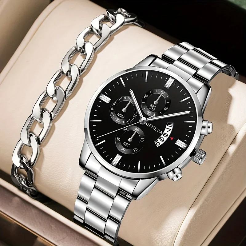 2 teile/satz, Mode Herren Business Edelstahl Kalender Datum Quarz Armbanduhr & Armband Set