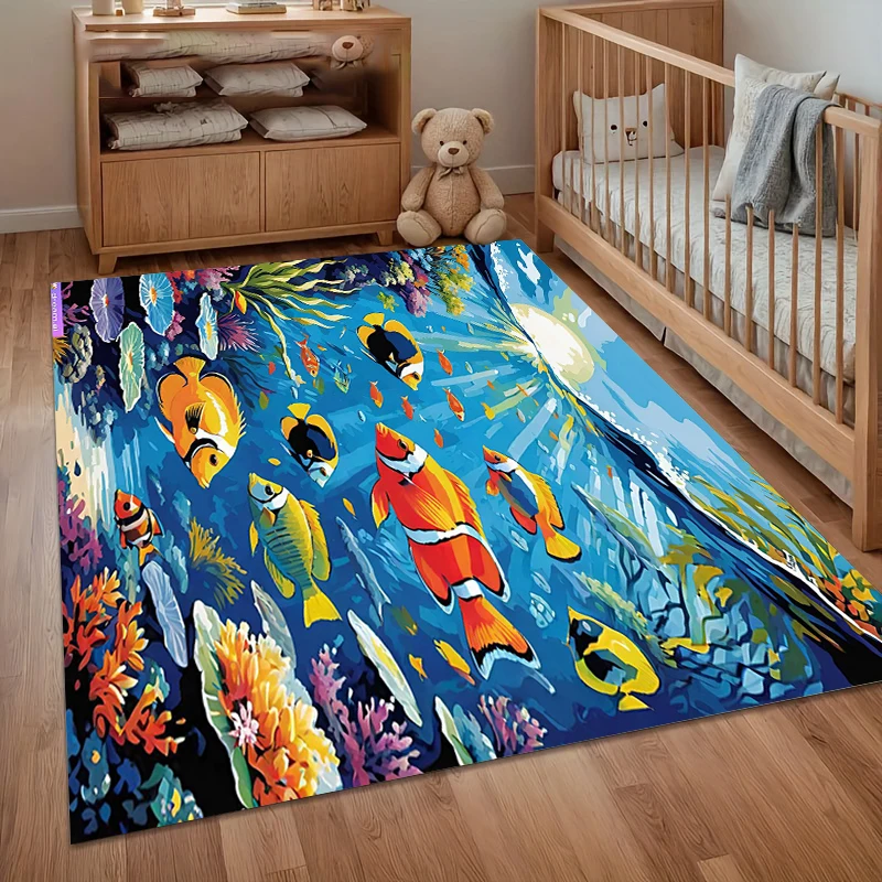 Vibrant Clownfish Coral Reef Large Area Rug - Impressionist Underwater Non-Slip Rug for Entryways, Kids Rooms & Living Spaces