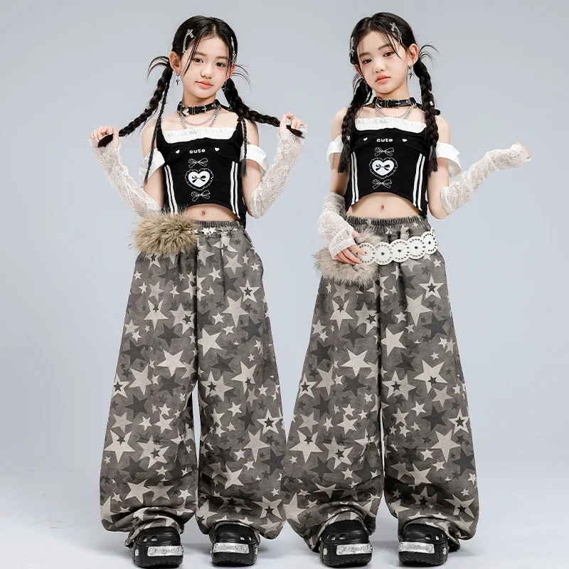 

Girls Kpop Jazz Dance Costume Set Cute Heart Crop Tops Star Print Pants Street Wear for Kids Hip Hop Stage Performance Suit