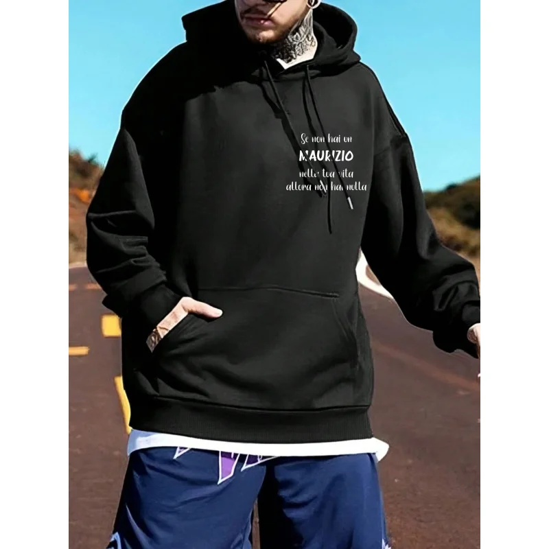 Sweat à capuche noir imprimé pour hommes, Design de texte Maurizio, en coton de haute qualité, tenue de rue décontractée pour un usage quotidien et les voyages