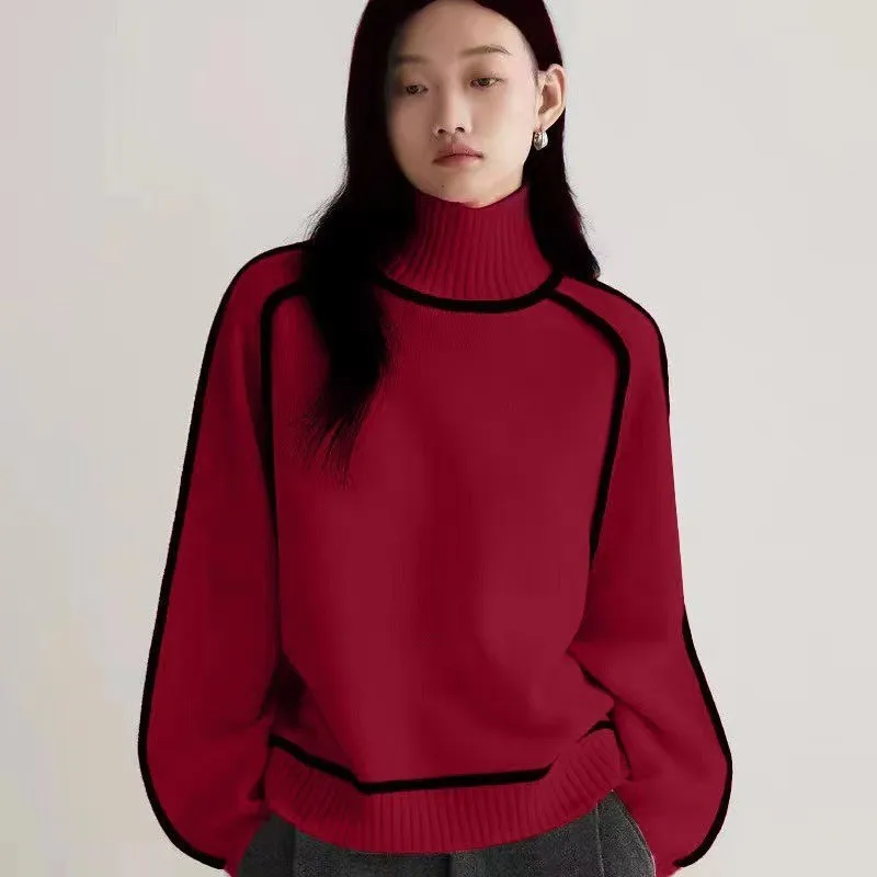 Thick Pullover Sweater Loose Fit Graceful Elegant with Regular Length Striped Pattern High Neck Long Sleeve Women Sweater