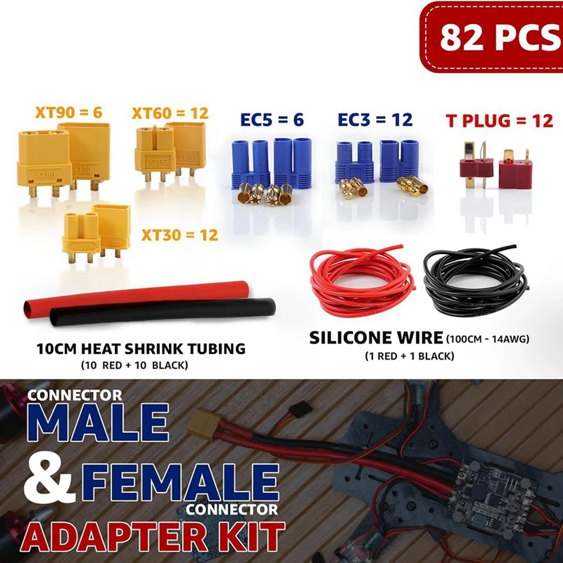 82pcs T-Plug XT90/XT30// EC5/EC3 Male & Female Plug Adapter Connector Silicone Wire Heat Shrink Tubing for ESC Parts [sgqu-Toy]