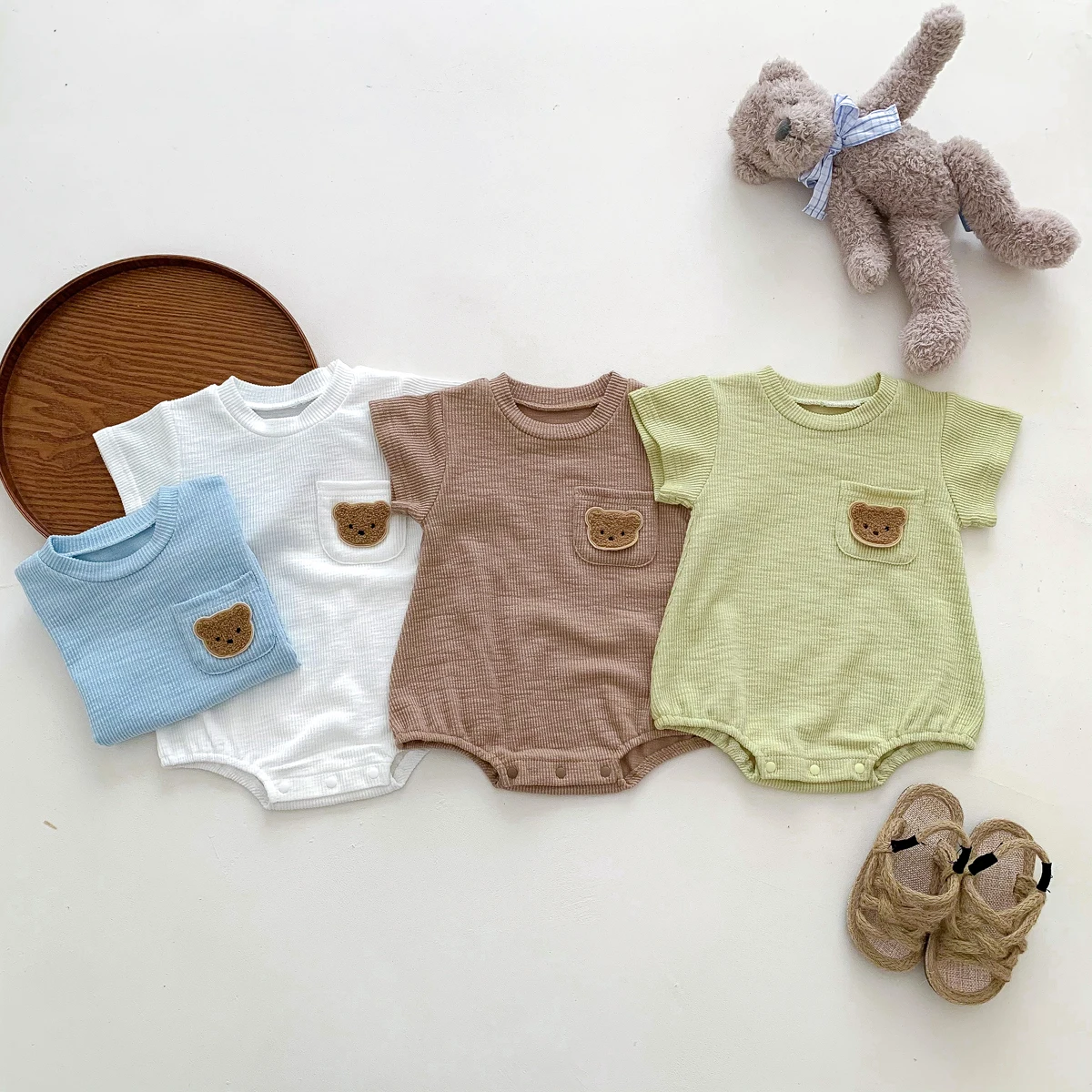 Summer Baby Clothes Newborn Jumpsuit Boy Romper Solid Color with Pockets Bear Embroidery Print 0-2yrs