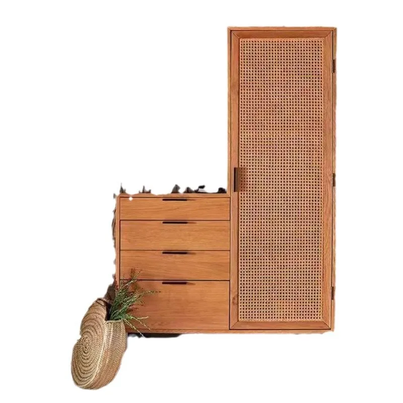 

Retro rattan homestay Japanese-style solid wood wardrobe minimalist lattice bedroom single wooden door