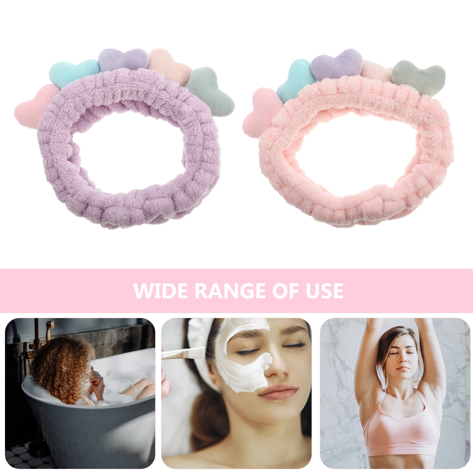 

2 Pcs Heart Shaped Face Wash Hair Tie Headband Elastic Makeup Spa Facial Shower Washing Purple Pink Women Hairstyle Tool