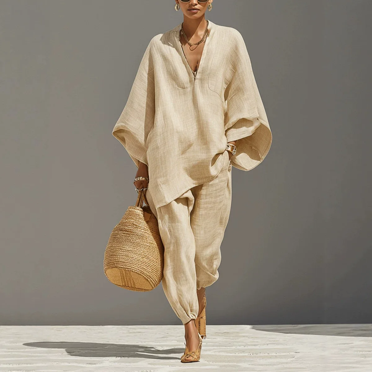 Women’s Summer Casual, Loose-Fitting, Solid-Colored, Deep V-Neck, Batwing Sleeves, Ankle-Cuffed, Nine-Inch Pants, Leisure Outfit