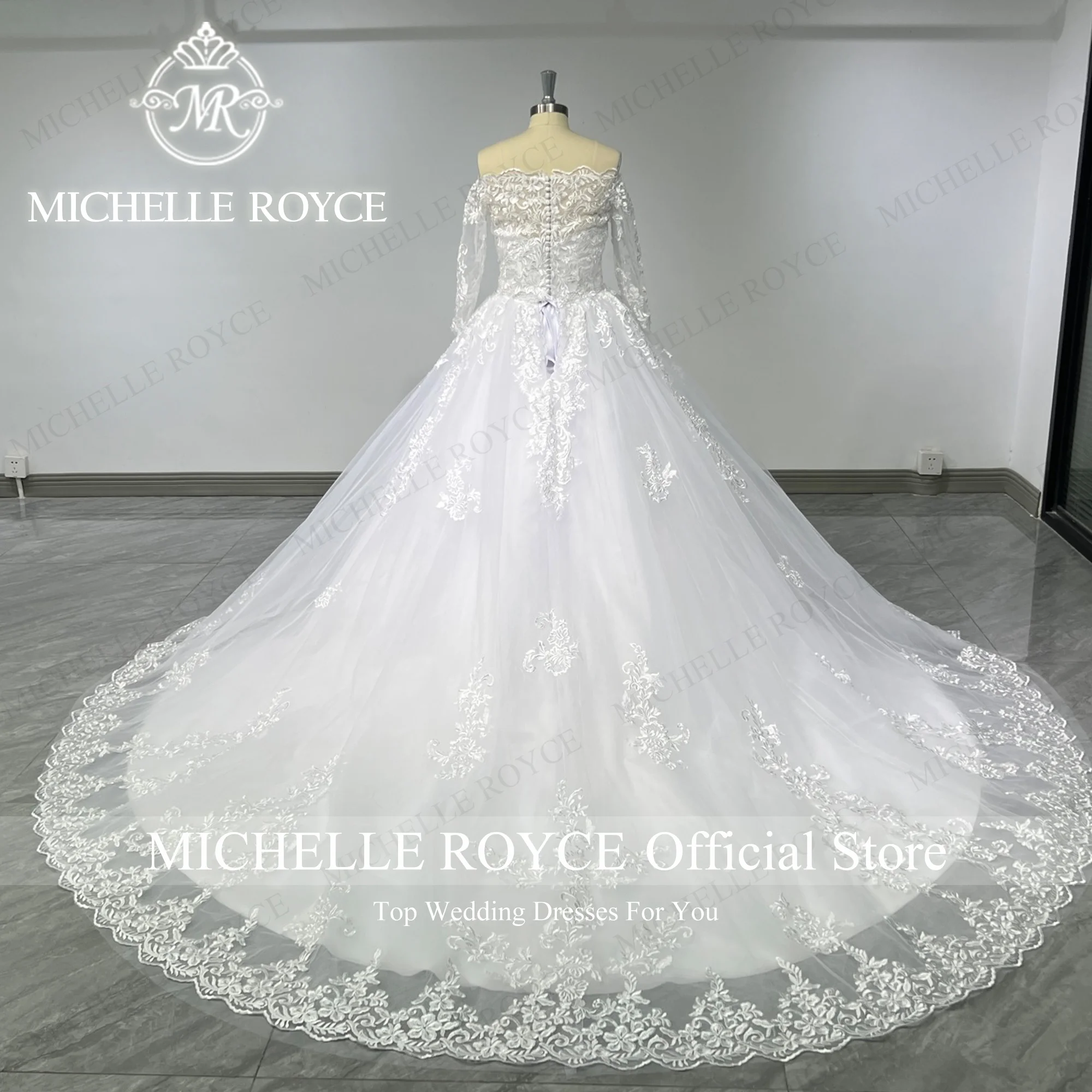 Michelle Royce Ball Gown Wedding Dress With Jacket Boat Neck Appliques Real Show Wedding Gown High Quality Vestidos De Novia