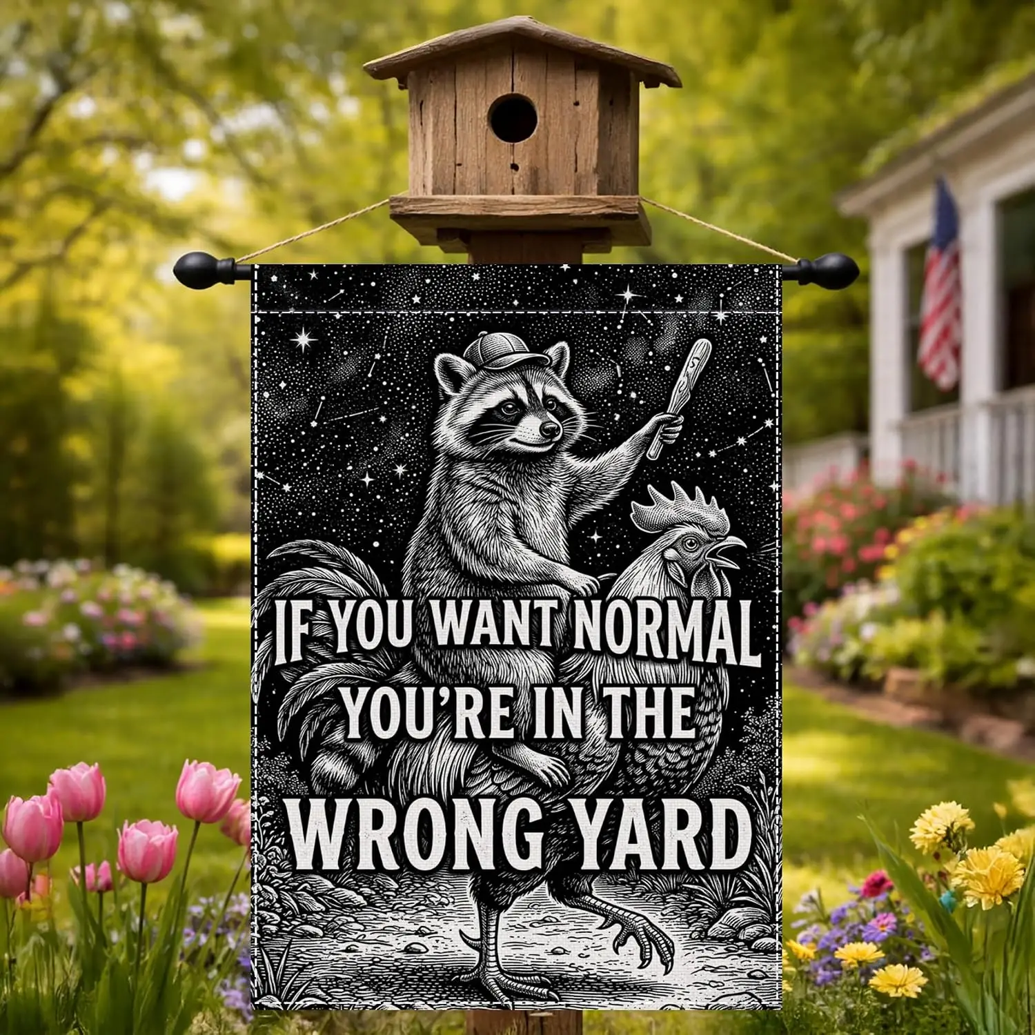 Funny Raccoon Rooster Garden Flag 12 x 18 Inch Summer Yard Decor | Double sided polyester, dark humor artwork, sarcastic quo llp