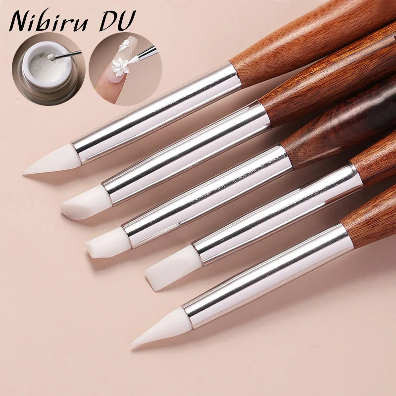 Dual-Ended Nail Art Brush Silicone Spatula Brushes Carving Flower Painting Pen Nail Gel Mixing Pen Multi-function Manicure Tools
