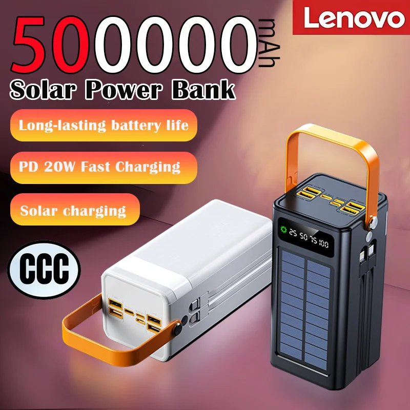 

Внешний аккумулятор Lenovo 100000 мАч на солнечной энергии с высокой емкостью, встроенными кабелями и LED-фонариком для Samsung iPhone 2026