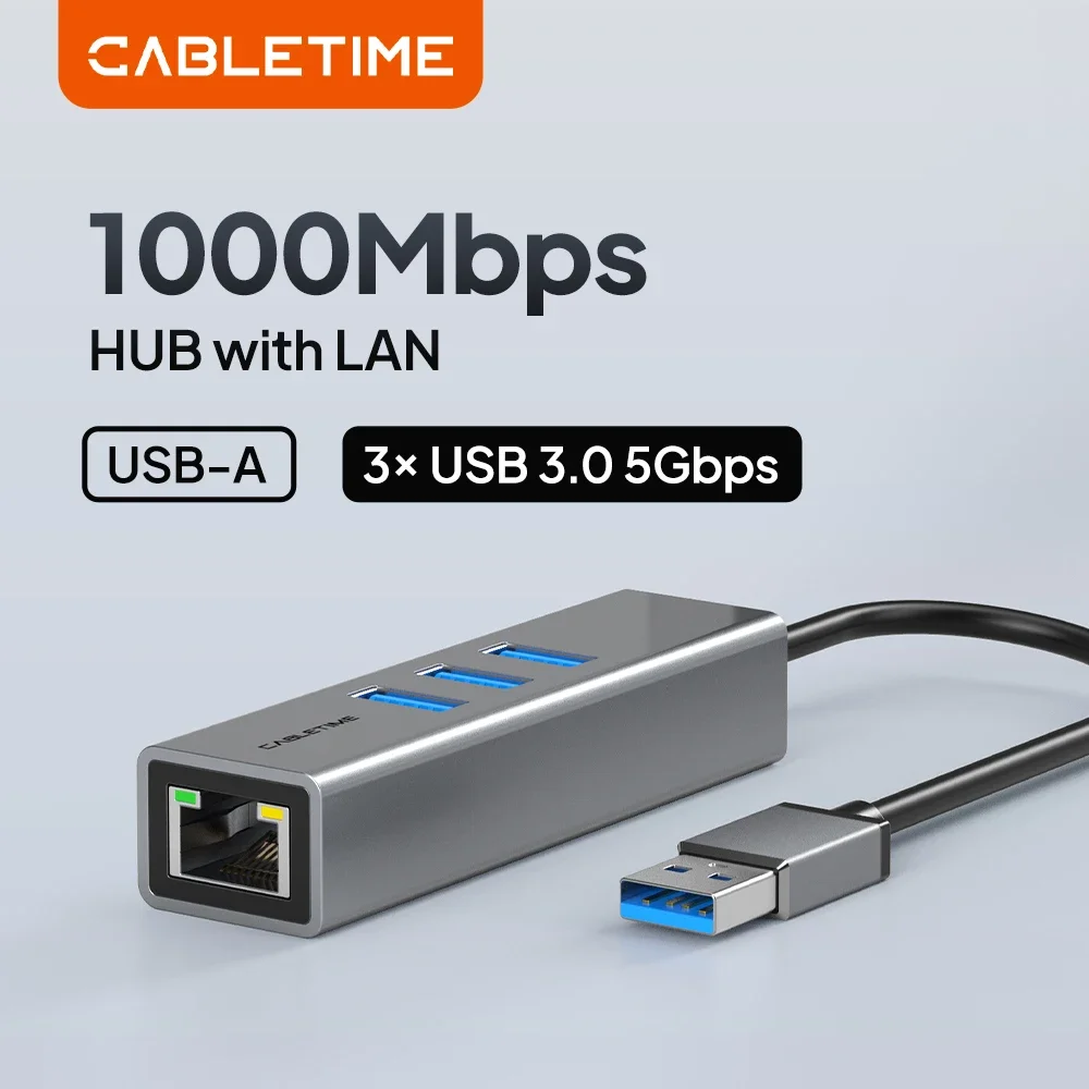 CABLETIME 1000Mbps USB C Ethernet Adapter 1000Mbps LAN RJ45 Network Card with 3 Port USB C HUB for MacBook And Laptop Computers