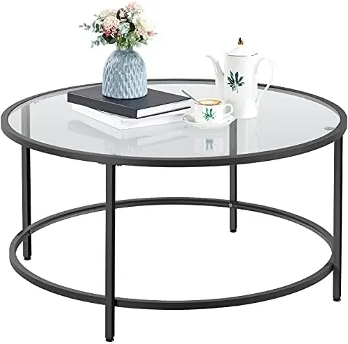 

36" Round Glass Coffee Table, Black Circle Coffee Table Modern Center Table with Glass Top, Small Coffee Table for Living Ro