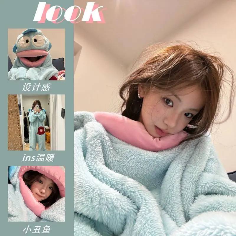 أنيمي شخصية Hangyodon مضحك قطعة واحدة منامة Kawaii تأثيري الملابس الفانيلا الدفء سميكة المرجان المخملية المنزل Clothin