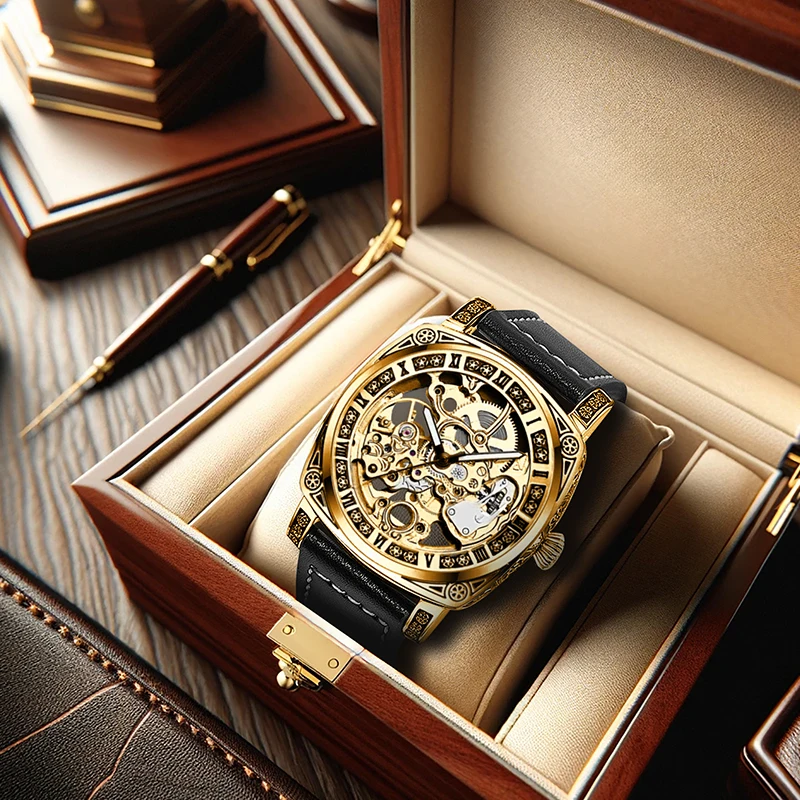 

A men's yellow and black classic business-style mechanical watch with delicate engravings