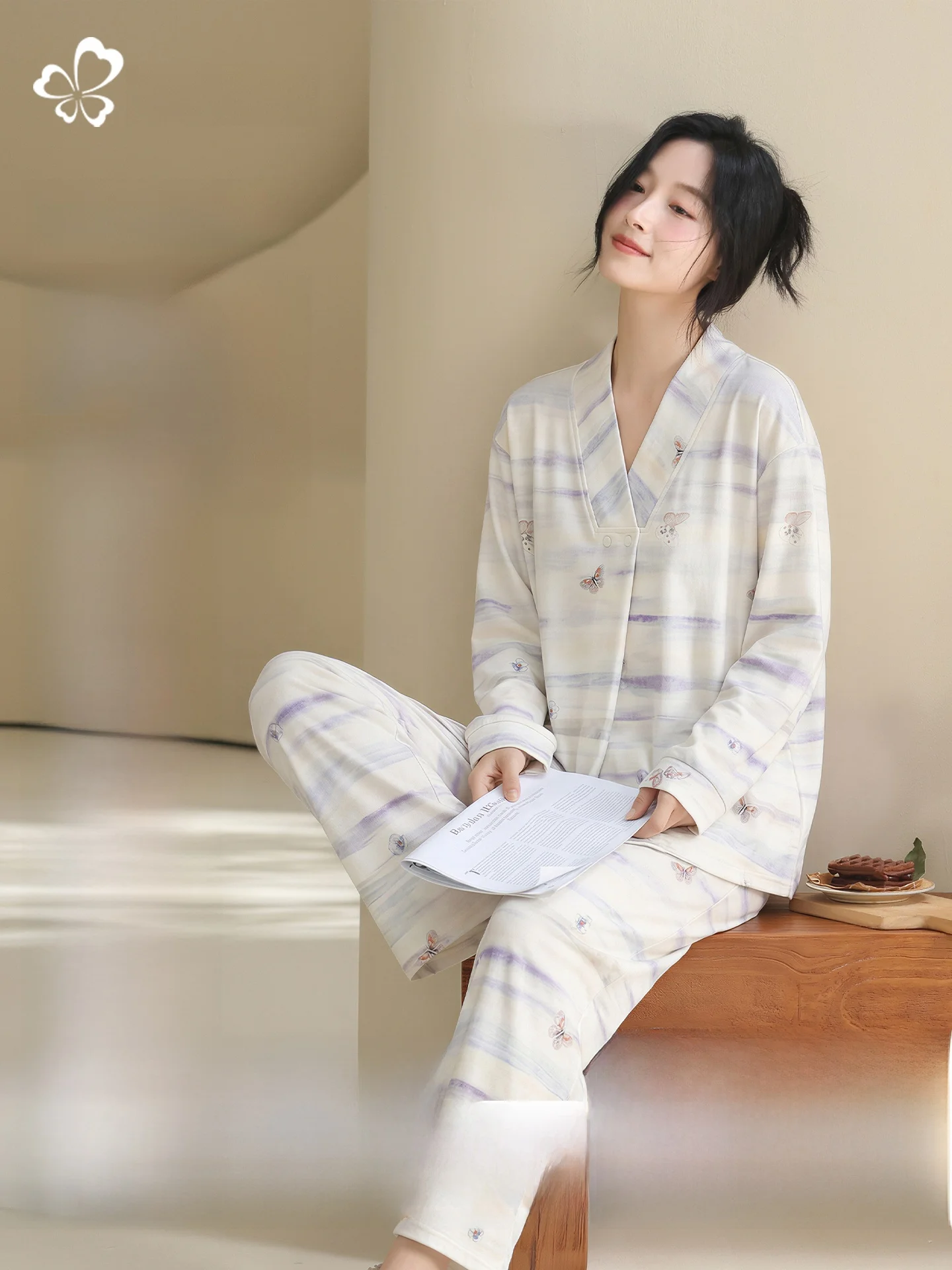 pure-cotton-maternity-sleepwear-breastfeeding-women's-summer-home-clothes-set-sweat-absorbent-v-neck-long-sleeve-soft-cotton