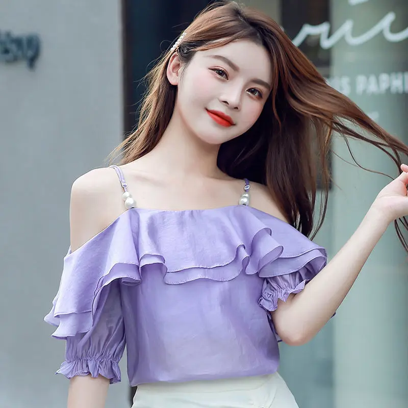 Sweet Slash Neck Ruffles Off Shoulder Beading Slip Blouses Female Clothing 2024 Summer Loose Korean Tops Princess Sleeve Shirts