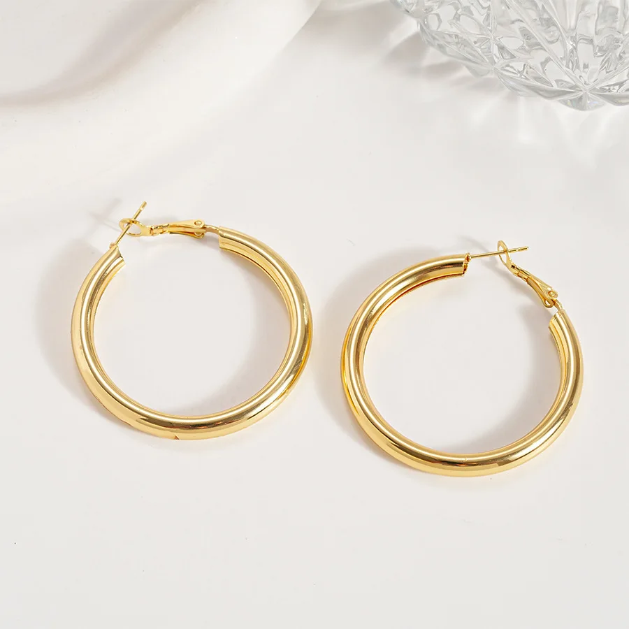 Gold Plated Hoop Earring Thick Round Circle Stainless Steel Earrings for Women Jewelry mother's day gifts - Detail 1
